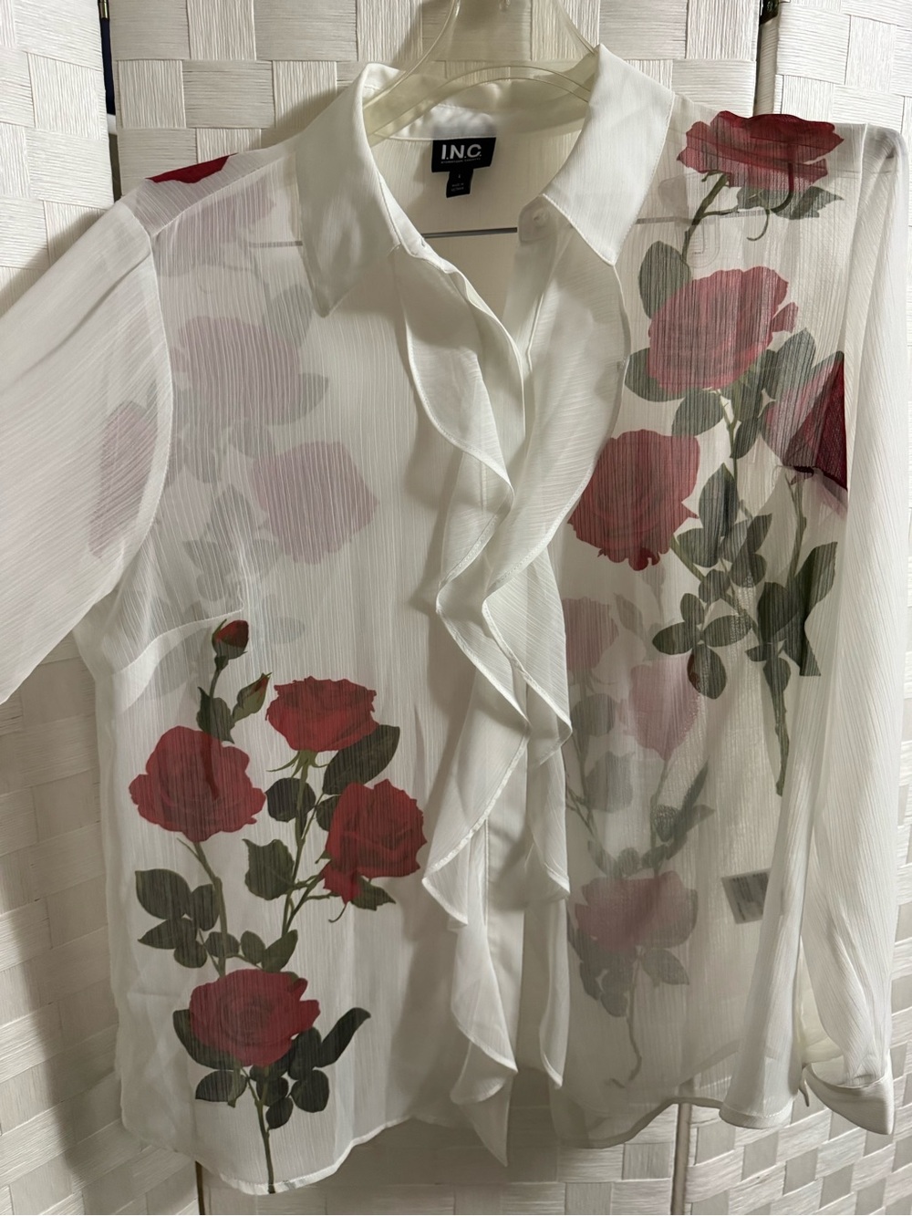 INC International Concepts White Sheer Ruffle Blouse with Red Rose Print